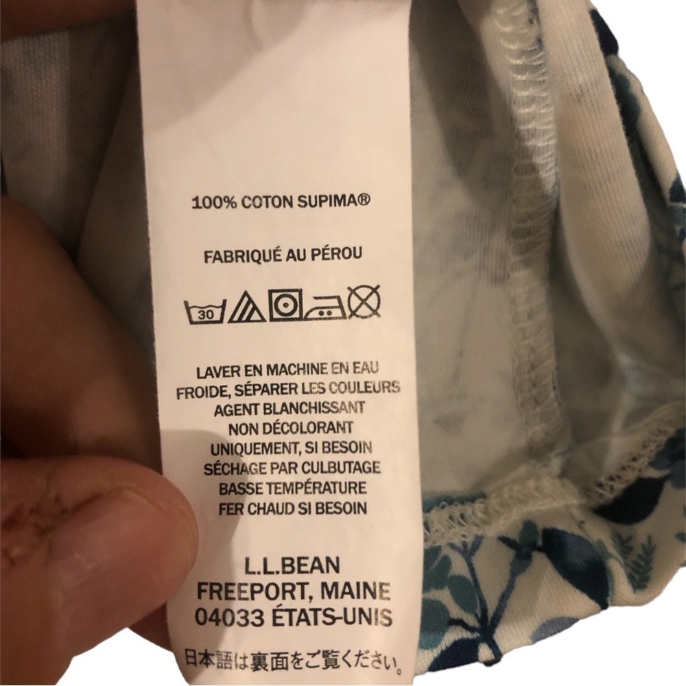 L.L. Bean Supima Cotton Tee 3/4Sleeve Blue/White Floral Design Casual Coastal L - Picture 5 of 7